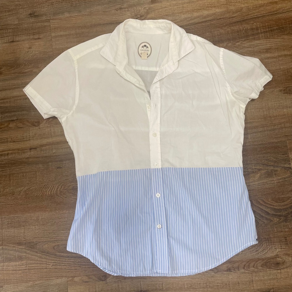 Ganesh Womens Short Sleeve Button Down Shirt White Blue Pinstripe Colorblock L